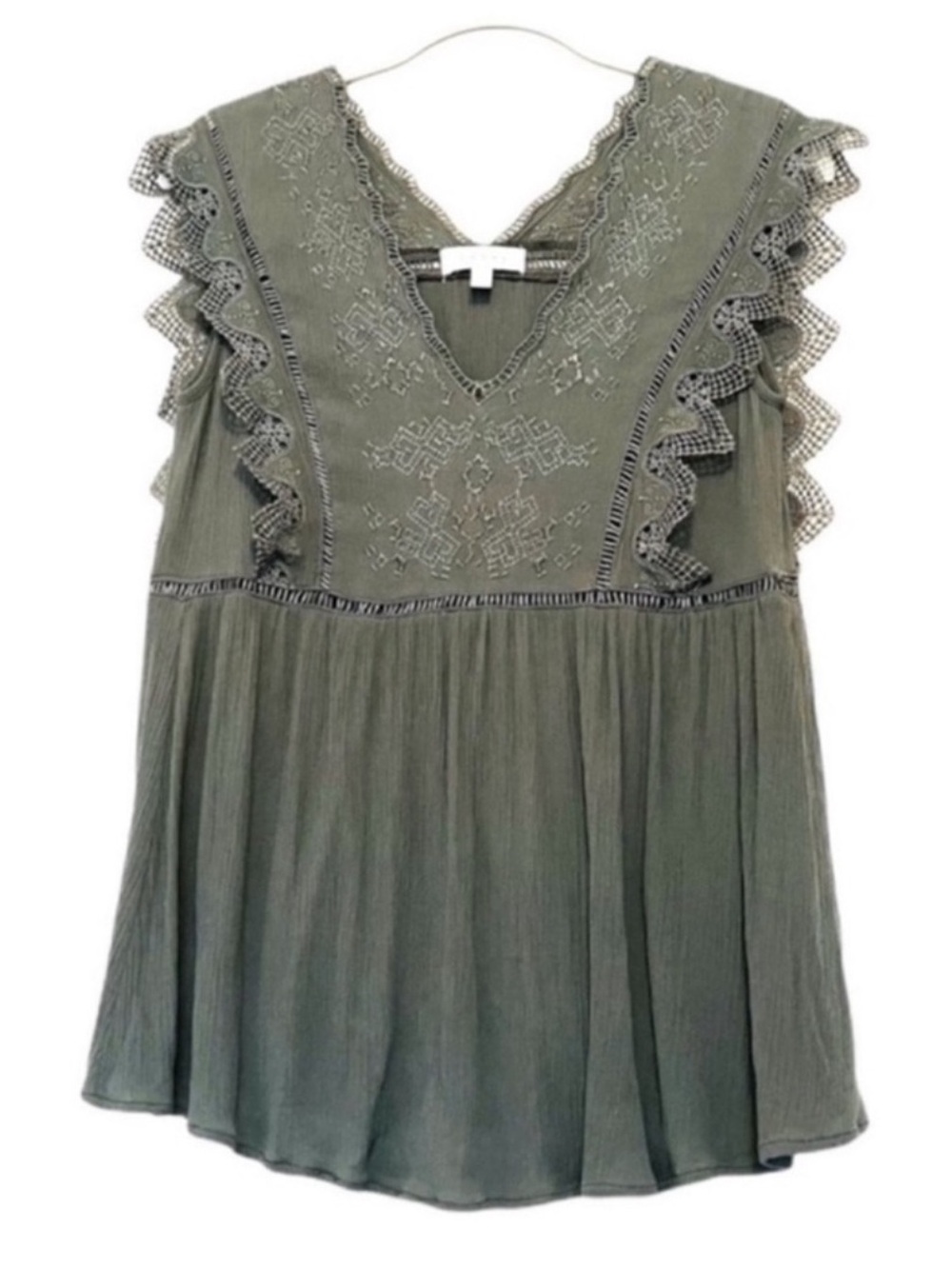 Adiva Embroidered Lace Boho Blouse Sleeveless V-neck Top Olive Green Size S